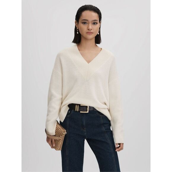 REISS SEREN OVERSIZED WOOL CASHMERE V-NECK JUMPER IN IVORY SIZE LARGE - Picture 1 of 11